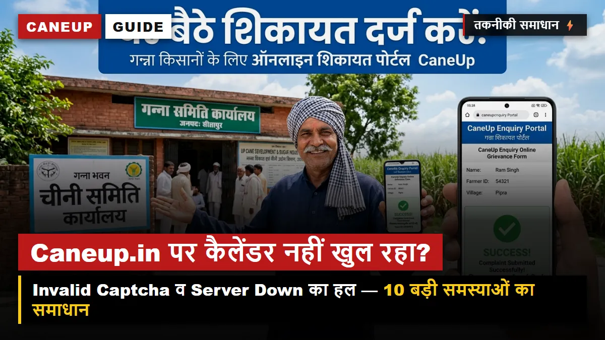 Caneup.in पर गन्ना पर्ची कैलेंडर नहीं खुल रहा? Invalid Captcha, Server Down और 10 बड़ी समस्याओं का समाधान