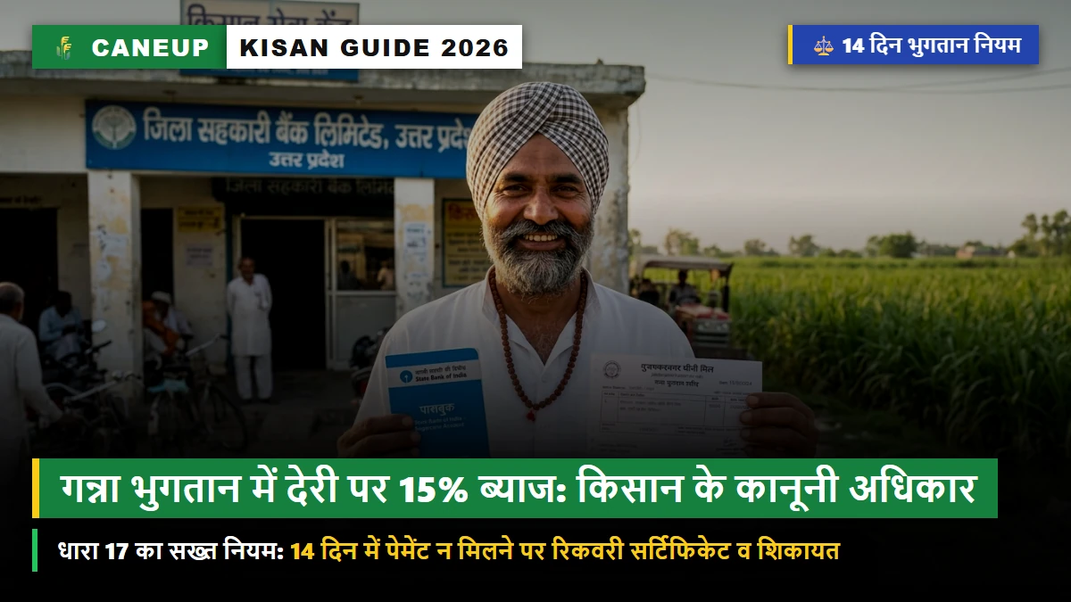 गन्ना भुगतान 14 दिन नियम 2026: पेमेंट में देरी पर 15% ब्याज का दावा कैसे करें? धारा 17 के तहत किसान के कानूनी अधिकार