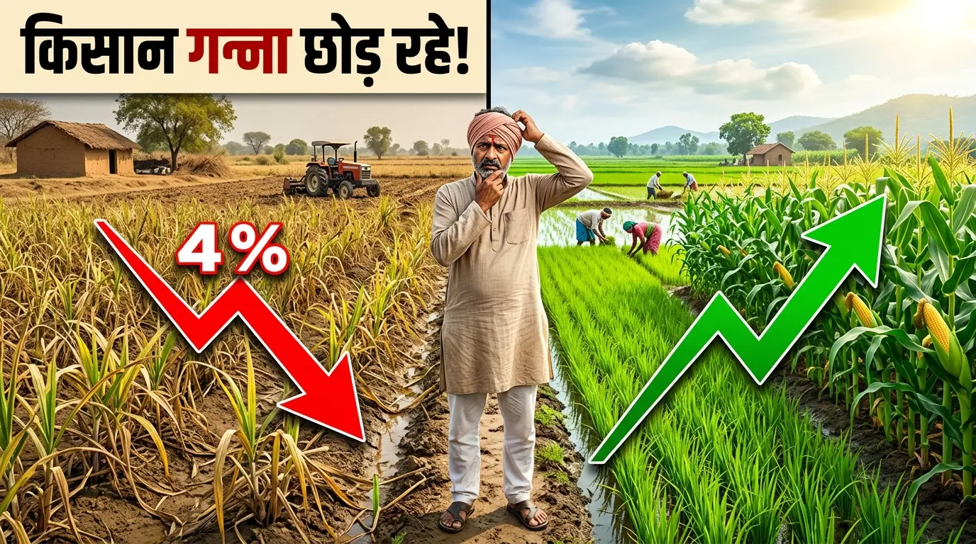 गन्ने का रकबा 4% गिरा — किसान मक्का और धान की ओर क्यों रुख कर रहे हैं?