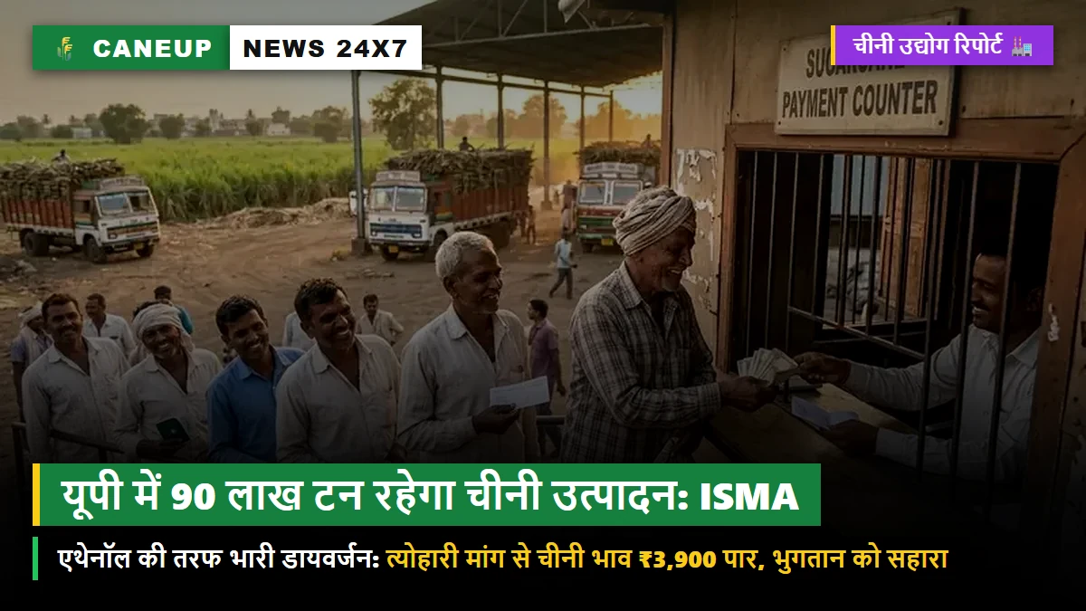 ISMA का नया आकलन: बंपर गन्ने के बावजूद यूपी में 90 लाख टन रहेगा चीनी उत्पादन — एथेनॉल को प्राथमिकता और त्योहारी मांग में चीनी भाव मजबूत