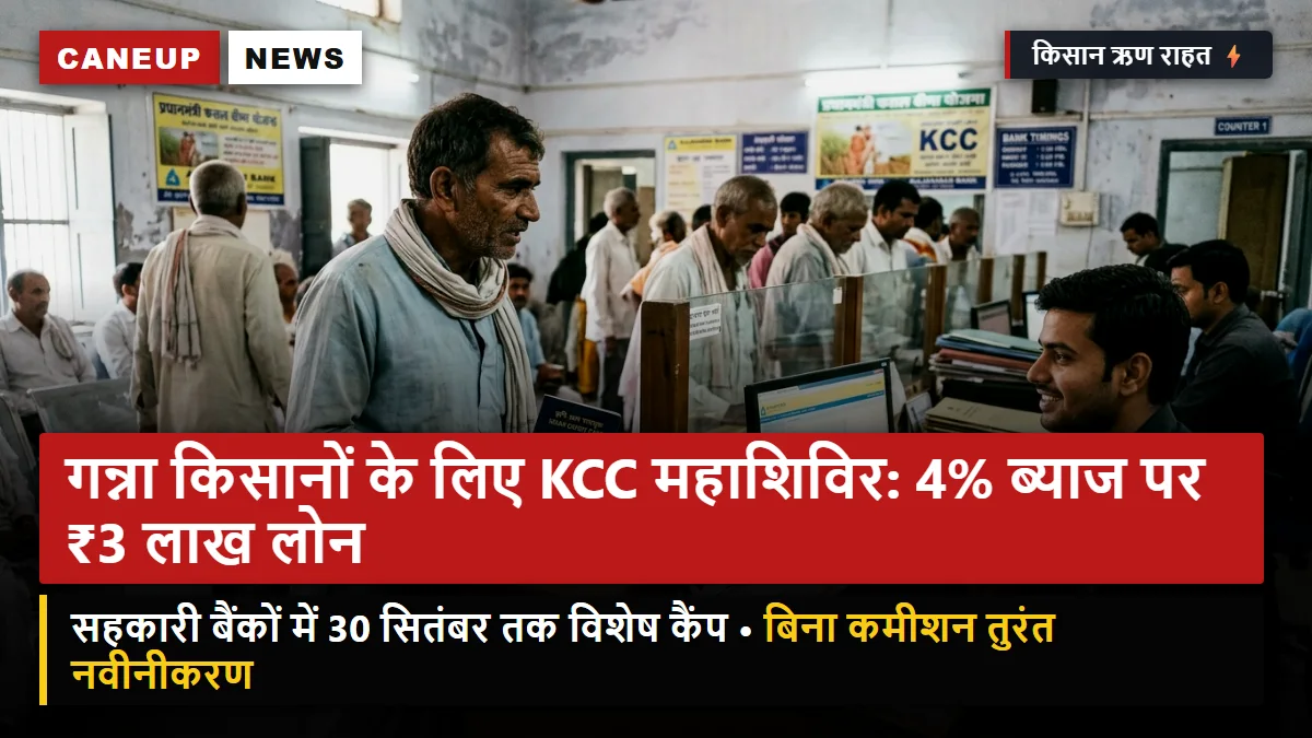 गन्ना किसानों के लिए केसीसी (KCC) नवीनीकरण महाशिविर: सहकारी बैंकों में 4% ब्याज पर ₹3 लाख तक ऋण — फसल बीमा व शून्य प्रोसेसिंग फीस