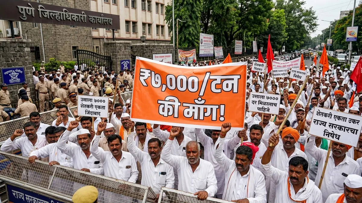 महाराष्ट्र में किसानों का बड़ा आंदोलन — गन्ने का ₹7,000/टन भाव माँगा! पुणे शुगर कमिश्नर ऑफिस पर धरना