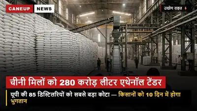 चीनी मिलों को एथेनॉल का बड़ा बूस्ट — OMCs ने जारी किया 280 करोड़ लीटर का टेंडर, यूपी की 85 डिस्टिलरियों को भारी आवंटन