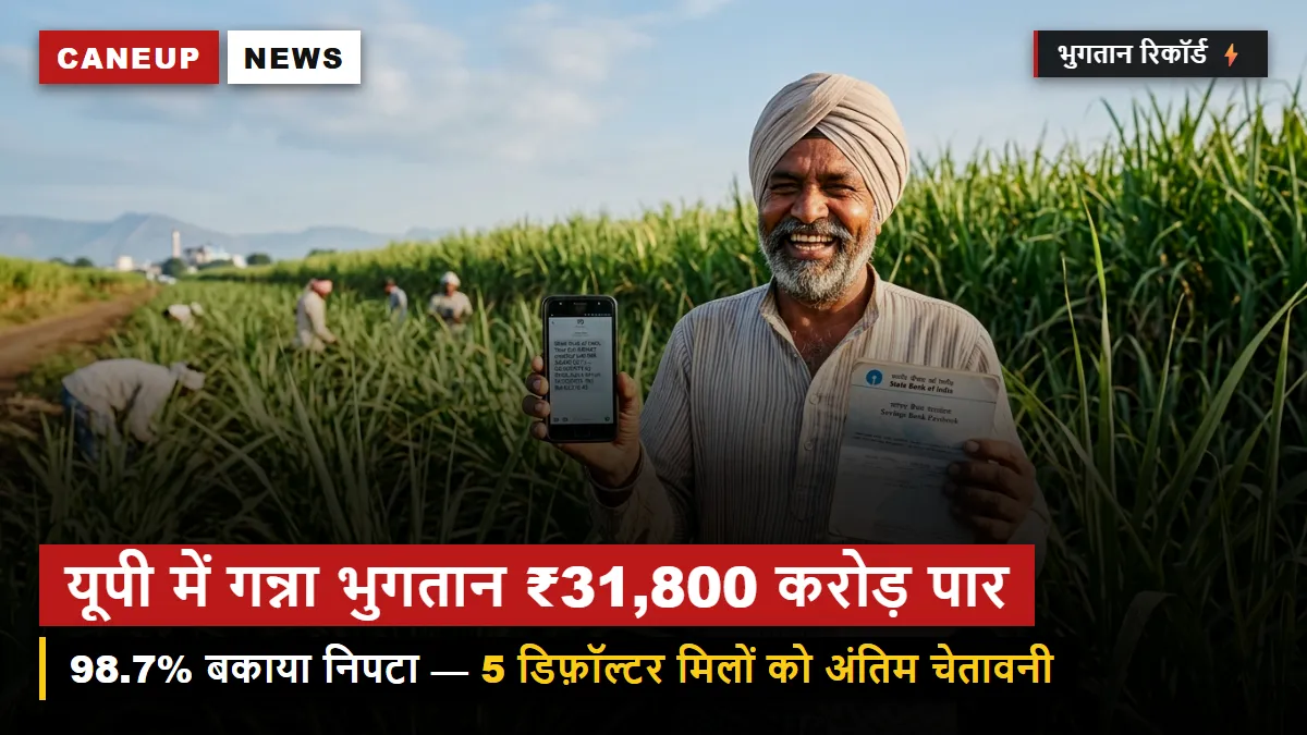 यूपी में गन्ना भुगतान ₹31,800 करोड़ पार — 98.7% बकाया निपटा, 5 मिलों को अंतिम चेतावनी