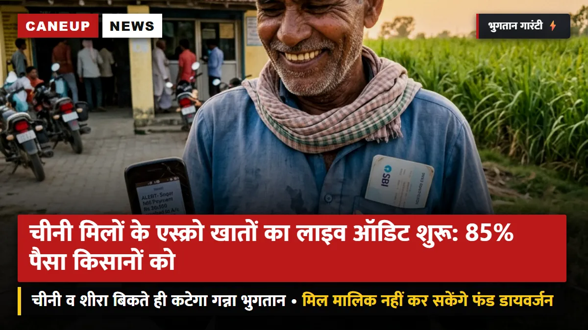 चीनी मिलों के एस्क्रो खातों का रियल-टाइम ऑटोमेटेड ऑडिट शुरू: 85% बिक्री का पैसा सीधे किसानों को — फंड डायवर्जन पर पूर्ण रोक