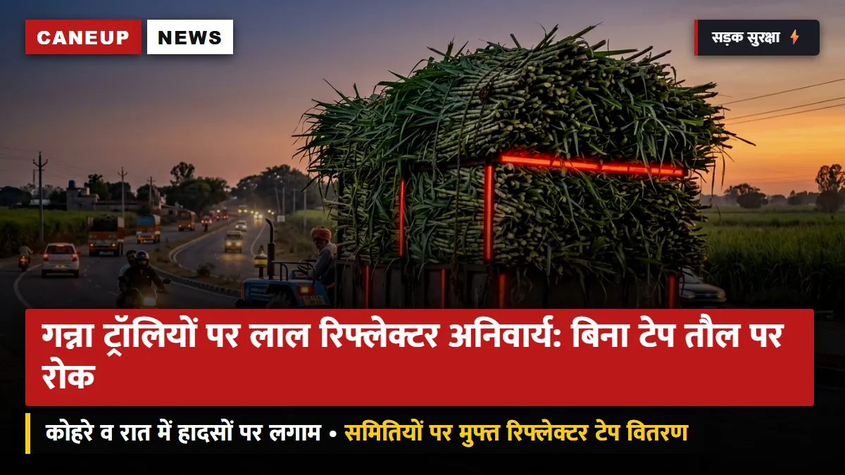गन्ना ट्रॉलियों पर लाल रिफ्लेक्टर अनिवार्य: बिना सुरक्षा टेप तौल पर रोक — कोहरे व रात में हादसों पर लगाम, समितियों पर मुफ्त वितरण