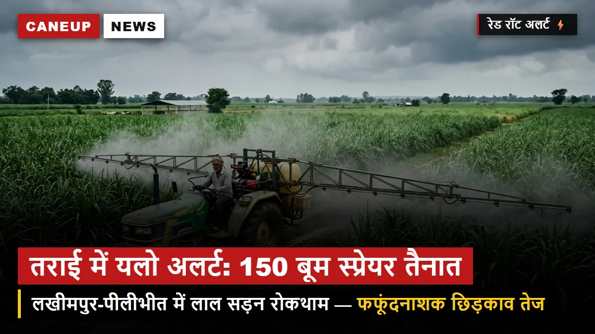 तराई बेल्ट में भारी बारिश का येलो अलर्ट — गन्ने में लाल सड़न रोकने के लिए ट्रैक्टर बूम स्प्रेयर तैनात