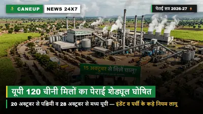 यूपी की 120 चीनी मिलों का पेराई सत्र 2026-27 शेड्यूल घोषित — 20 अक्टूबर से पश्चिमी और 28 अक्टूबर से मध्य यूपी में चलेगा पेराई का पहिया, इंडेंट के कड़े नियम लागू