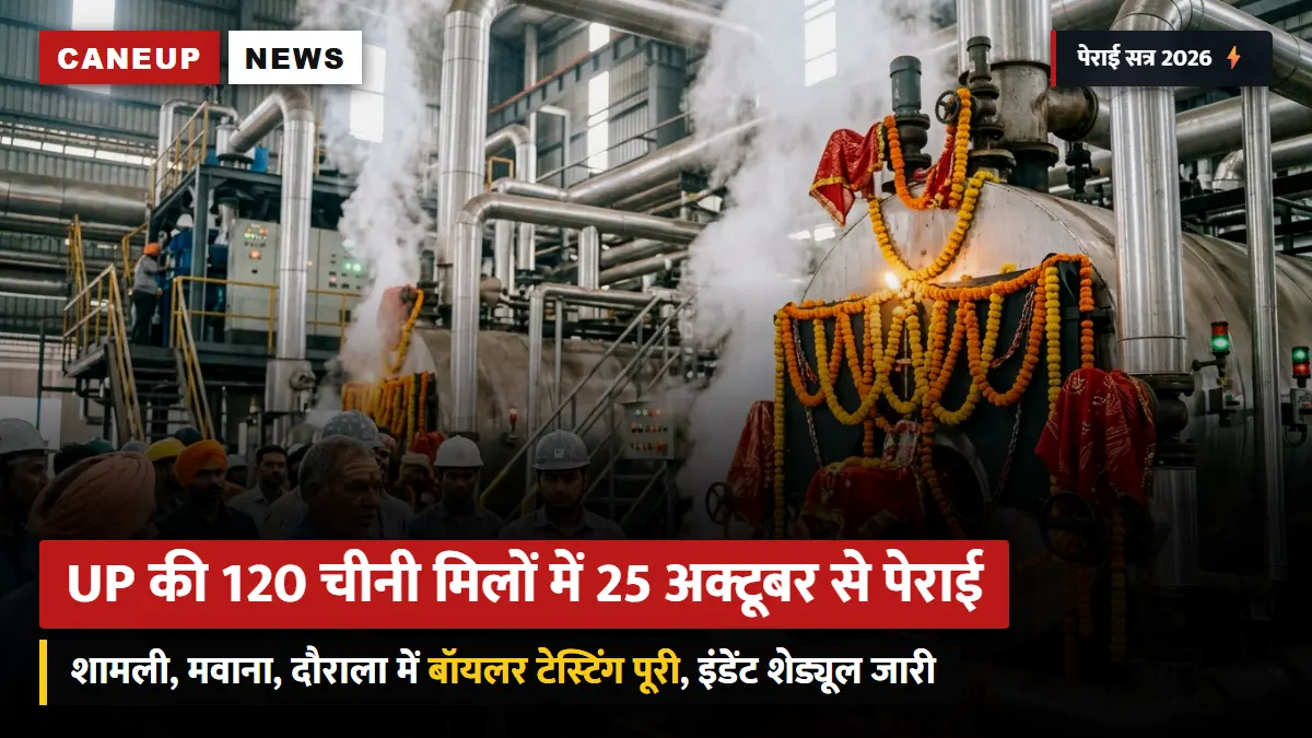 यूपी की 120 चीनी मिलों में 25 अक्टूबर से पेराई शुरू: शामली, मंसूरपुर और मवाना में बॉयलर टेस्टिंग पूरी — मिलवार क्रशिंग कैलेंडर व इंडेंट नियम जारी