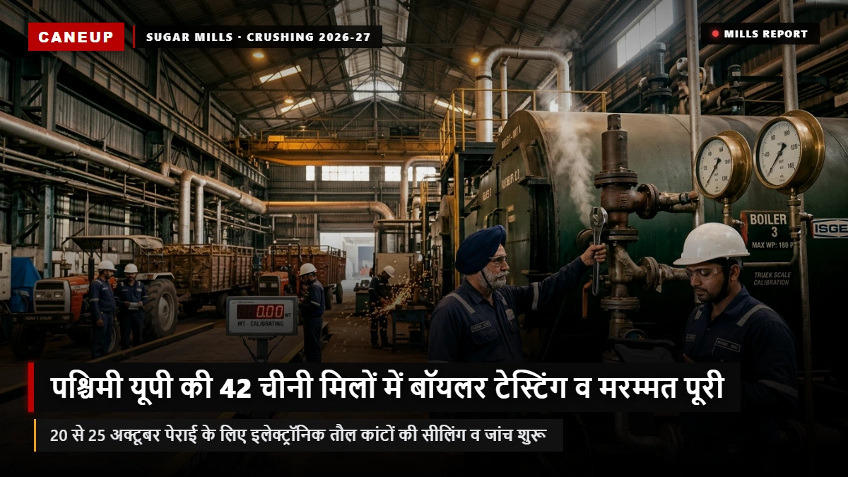 पश्चिमी यूपी की 42 चीनी मिलों में बॉयलर टेस्टिंग और मरम्मत पूरी — 20 से 25 अक्टूबर पेराई के लिए तौल कांटों का डिजिटल कैलिब्रेशन शुरू