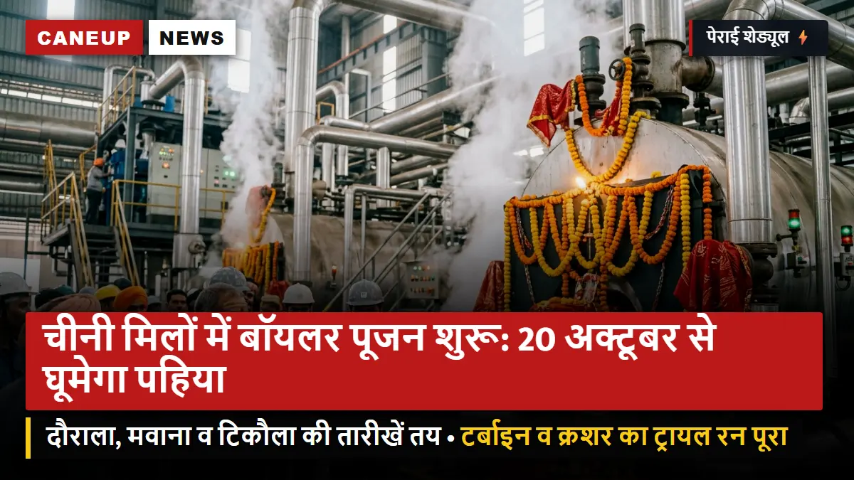चीनी मिलों में बॉयलर पूजन का दौर शुरू: पश्चिमी यूपी में 20 अक्टूबर से पेराई की शुरुआत — दौराला, मवाना और टिकौला ने तारीखें तय कीं