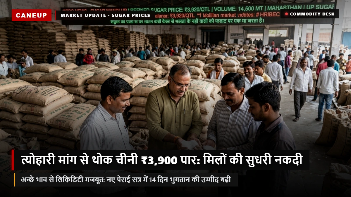 त्योहारी मांग से थोक चीनी ₹3,900 पार: मिलों की सुधरी वित्तीय सेहत — नए पेराई सत्र 2026-27 में 14 दिन भुगतान नियम लागू होने की राह आसान
